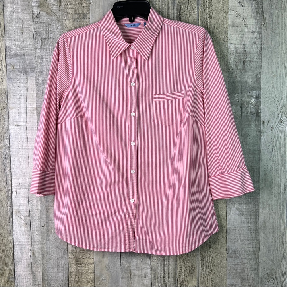 IZOD Large Red & White Striped Button Front Shirt w/Collar & 1 Pocket